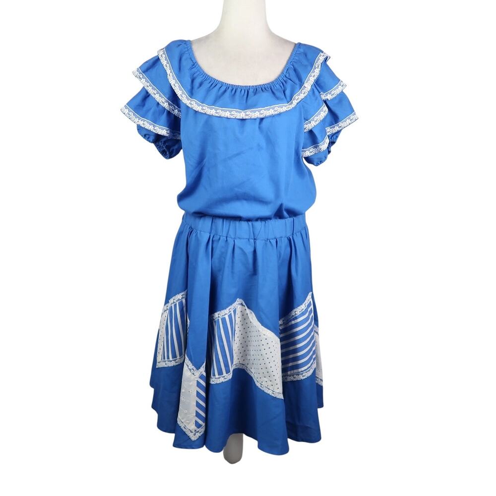 Vintage 80s Jeri Bee Blue and White Square Dance Top and Skirt Set L